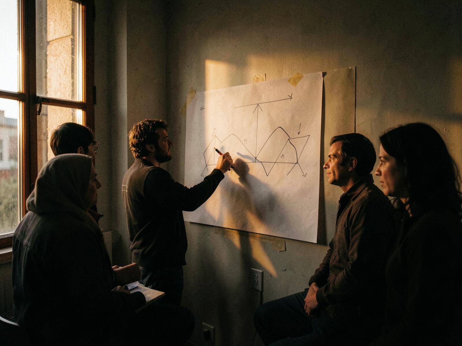 A small leadership team working through a growth diagram on paper at golden hour