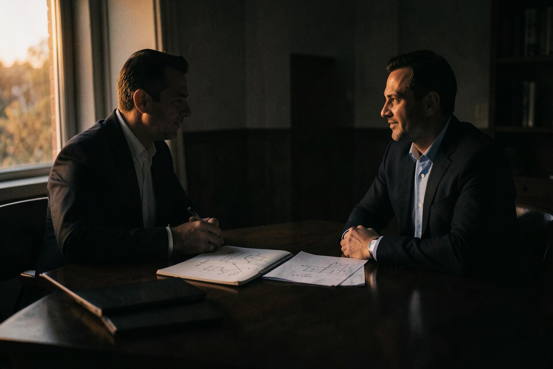 An advisor and a business leader in a quiet strategy conversation at dusk